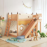 Solid wood children's bunk bed with slide, storage, and play tent for kids' bedroom